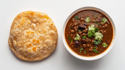 Single bhatura placed next to a bowl of chole masala on a white background