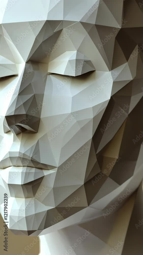 Poster geometric sculpture of a serene face with triangular facets in soft tones