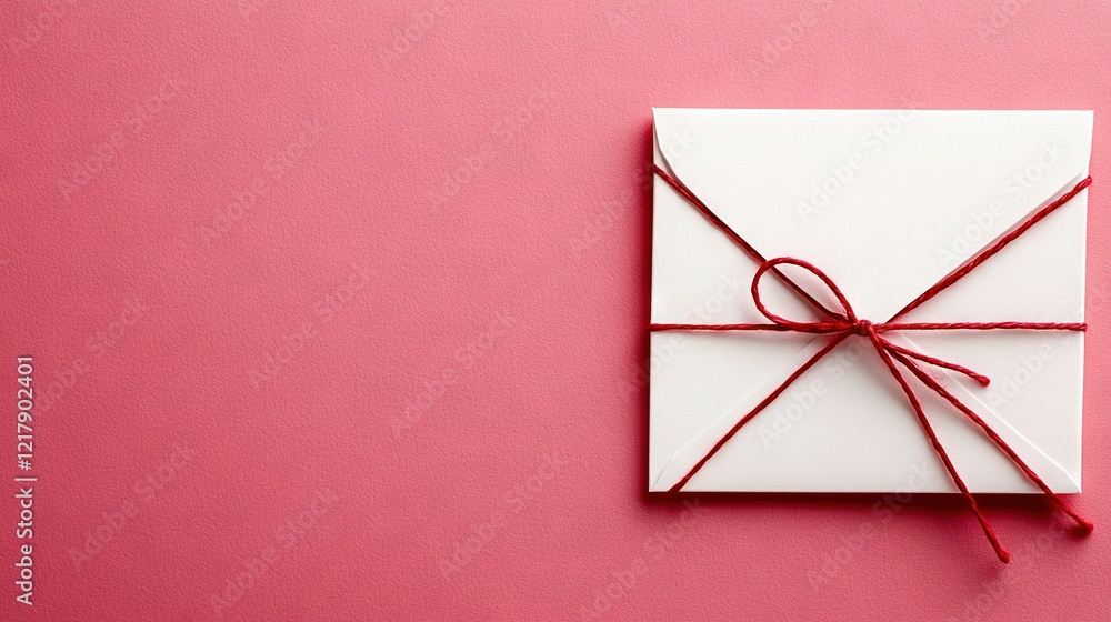 Poster a pink envelope with a red string tied around it, featuring a red bow on top