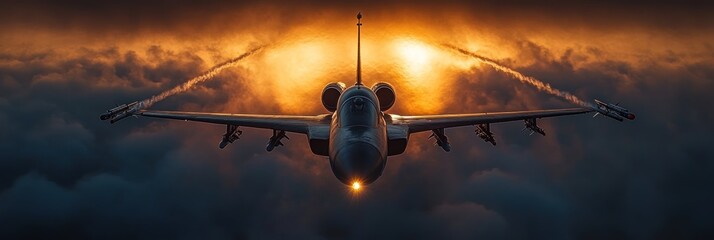 Fiery Sunset Flight: A Fighter Jet's Silhouette Dominates the Golden Hour Sky