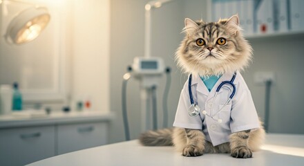 A tabby cat dressed as a doctor wearing a coat, stethoscope, and nurse cap, representing animal health care, veterinary professionals and pet humor.

