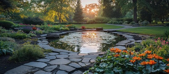 Enchanting garden pond with cascading waterfall natural stone pathway and vibrant foliage reflecting a breathtaking sunset scene