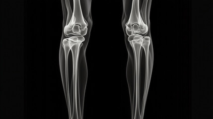 An x-ray image a human skeleton. X-ray, knees, black, background glare, light, legs, bones. A glare light from legs of a lion. X-rays of the knees and legs in black and white lifestyle with bones.