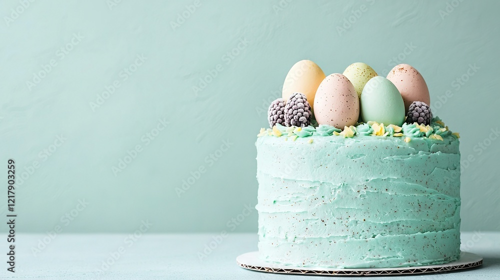 Poster a cake topped with frosting and small eggs sits on a plate on a table