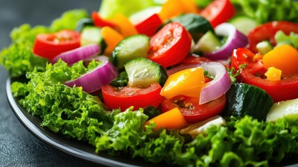 Healthy salad with vegetables, close-up of vibrant greens and colorful veggies on a plate