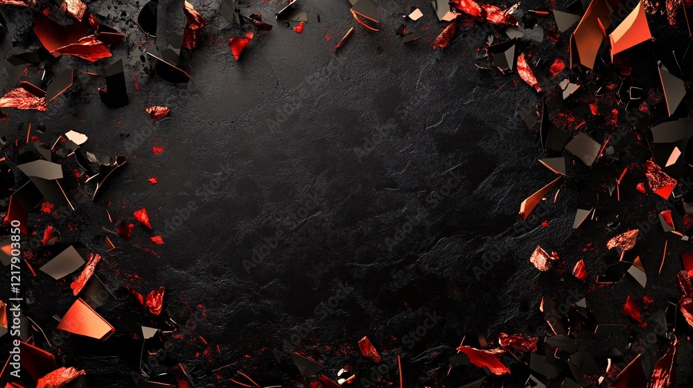 Poster shattered black and red material creating a dramatic frame on a textured background