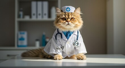 A tabby cat dressed as a doctor wearing a coat, stethoscope, and nurse cap, representing animal health care, veterinary professionals and pet humor.

