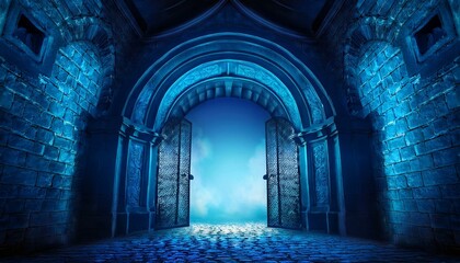 Fototapeta premium Mysterious dungeon with opening gates in blue tones. Entrance to the treasury. Generated image