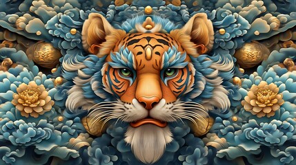 Majestic Tiger Adorned With Ornate Blue Flowers