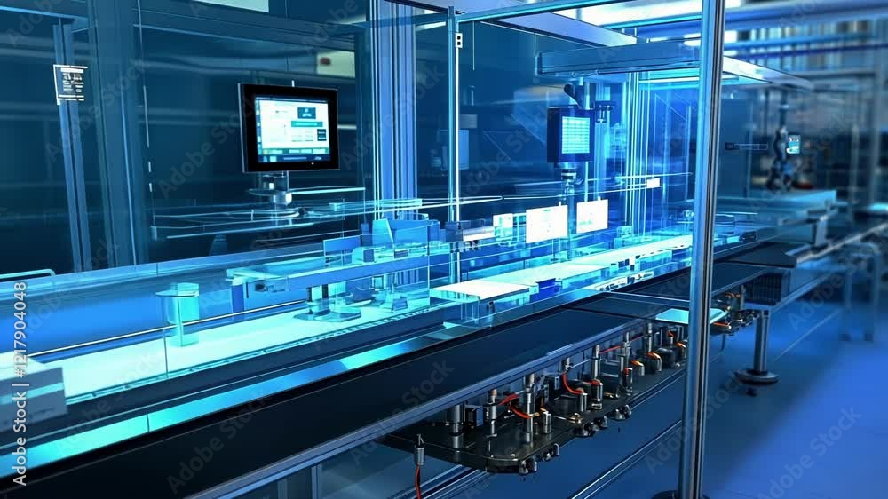 Poster futuristic robotic arms processing packages on an assembly line inside a modern factory, showcasing 