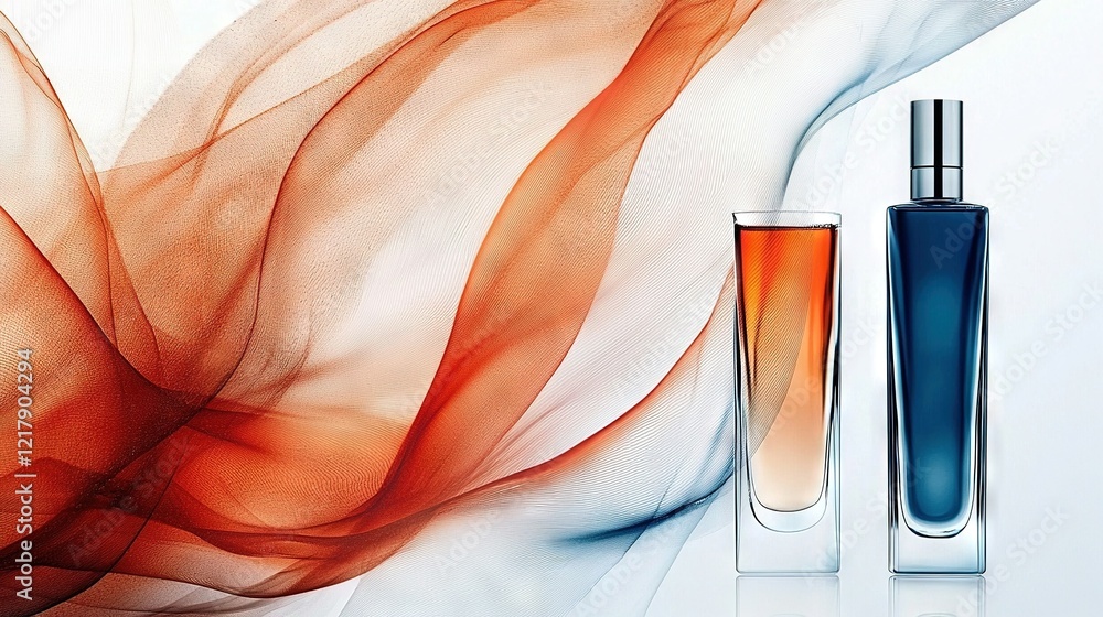Poster two bottles of perfume rest beside each other on a white surface, their labels featuring red and blu