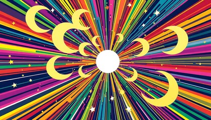 Fototapeta premium Rainbow Burst Celestial Moonscape Featuring Crescent Moons and Stars