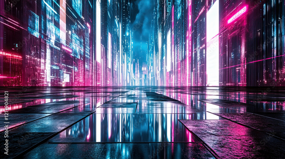 Aufkleber Fusion of Neon Lights and Shadows Creating a Nostalgic Sci-Fi Atmosphere in a Futuristic Cityscape
