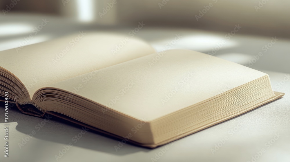 Poster open book with blank pages on a surface bathed in sunlight casting soft shadows