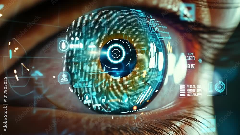 Aufkleber close up view of an eye featuring a glowing, futuristic digital display, processing data and informa