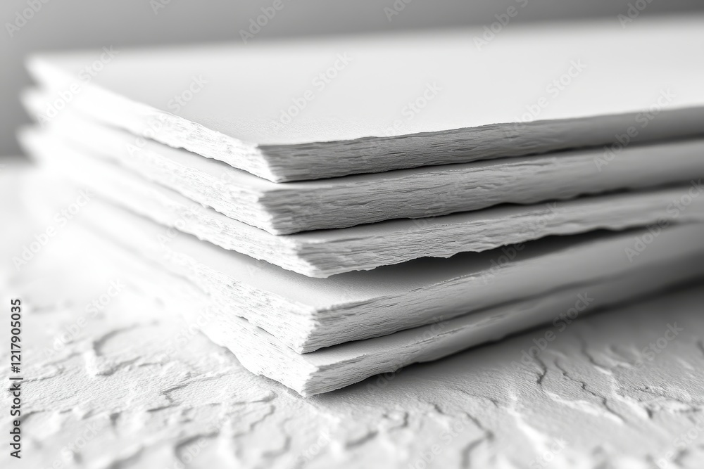 Poster a close-up view of stacked white paper sheets on a textured surface.