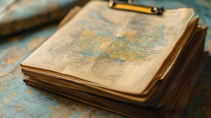 Holiday travel planning, close-up of open map and travel documents, festive holiday decorations nearby