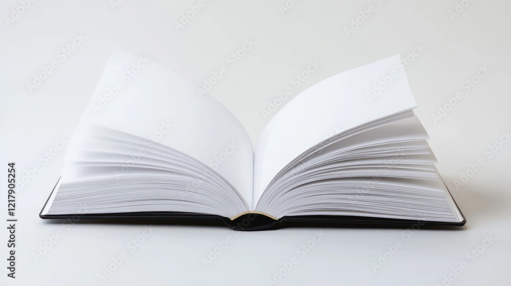 Poster an open book with blank pages resting on a white surface ready to be filled with stories