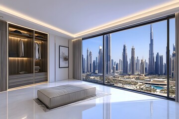 Modern Bedroom with Dubai Cityscape View and Built-in Closet