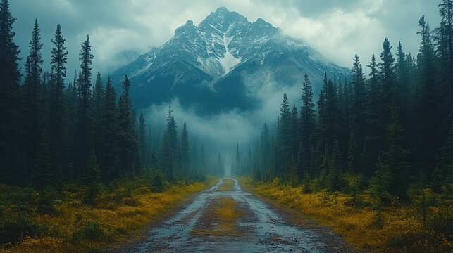 A misty mountain road with snow-capped peaks and lush forest under a cloudy sky
