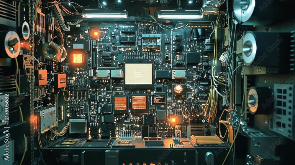 Poster close up view of a circuit board, illuminated with colorful lights, highlighting the intricate netwo