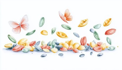 Naklejka premium Colorful assortment of flying seeds and butterflies against a white background, evoking nature's beauty