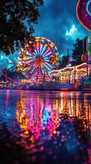 Vibrant and Festive Carnival Scene with Ferris Wheel Illuminated at Night Reflecting in the Water Below  Blurred Motion and Colorful Lights Create an Atmospheric and Magical Experience