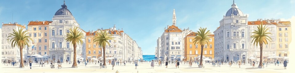 Fototapeta premium Charming Coastal Townscape with Elegant Architecture and Palm Trees Overlooking a Sunny Beach with Blue Sky - Discover Scenic Seaside Destinations and Idyllic Views