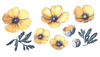 Vibrant yellow wildflowers arranged artistically, showcasing delicate petals and intricate details, perfect for design