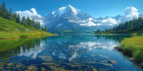 A serene mountain landscape featuring a clear blue lake reflecting snow-capped peaks and lush greenery under a bright sky with fluffy clouds.