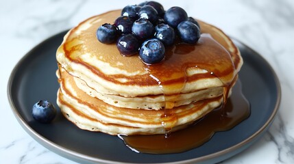 Stack of fluffy buttermilk pancakes drizzled with maple syrup and topped with fresh blueberries