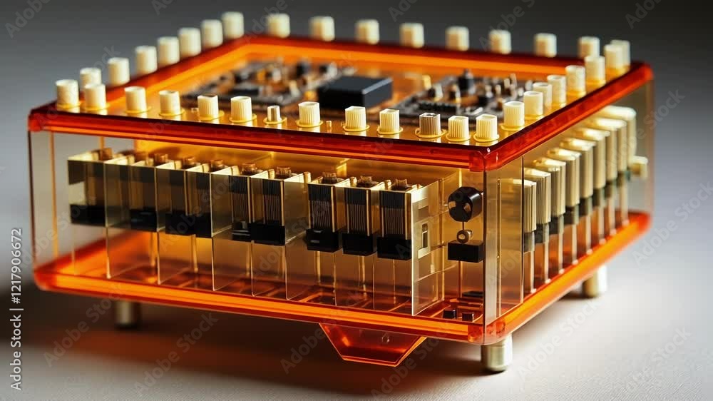 Poster electronic device with intricate circuitry and components encased in transparent material. highlight
