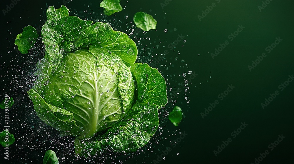 Poster a high-quality image of a lettuce with water droplets on both the top and bottom surfaces