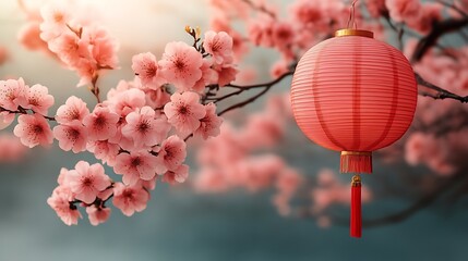 Pink Blossoms and a Red Lantern Hanging Gently