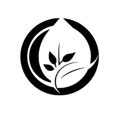 Eco-Friendly Leaf Symbol: Organic Nature Design.  A minimalist black and white illustration of a leaf within a circle, symbolizing environmentalism and growth.