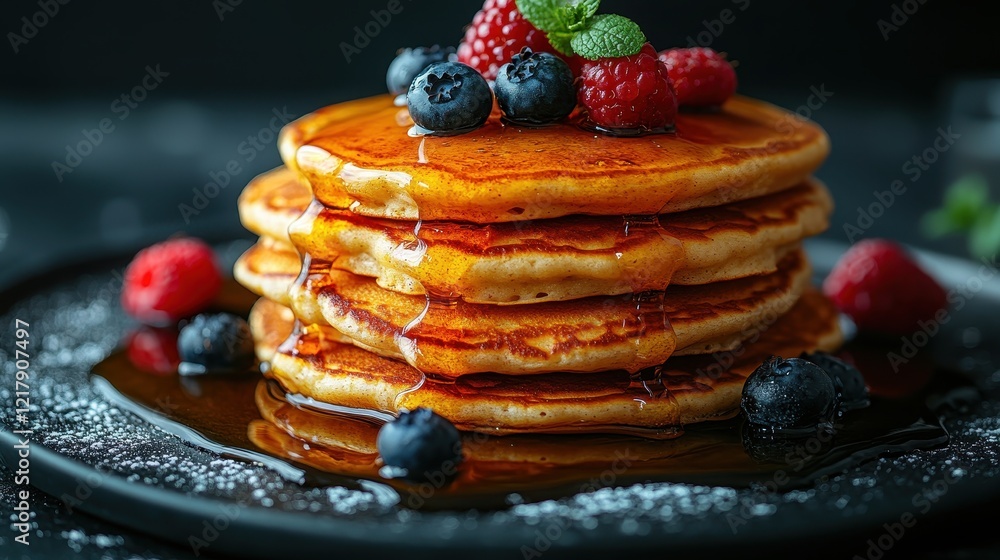 Poster stack of fluffy pancakes drizzled with syrup and topped with berries.
