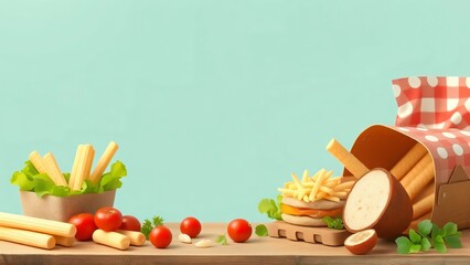 Delicious Snack Food Arrangement with Breadsticks, Fries, and Tomatoes on Wooden Table