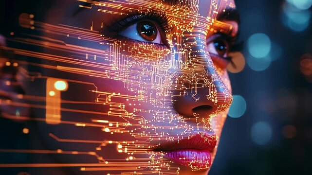 Artificial intelligence concept showing a woman face merging with a futuristic glowing circuit board, suggesting the integration of humans and technology