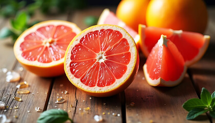 Freshly Cut Grapefruit Halves with Juicy Segments on Rustic Wooden Table