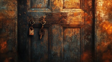 Fototapeta premium Rustic old door mysteriously glows with warm light keys hanging invitingly. AI Generated