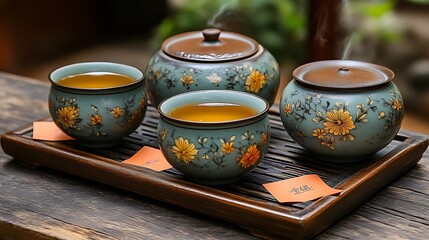 Elegant Tea Set with Floral Design and Steaming Teacups