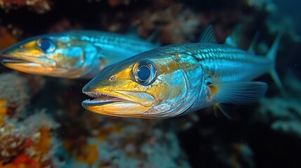 Underwater portrait of two sharp tooth barracudas swimming near the coral reef in the ocean