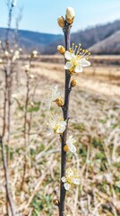 Close-up of delicate white plum blossoms on a branch, set against a blurred background of a rural landscape.
