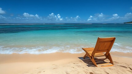 Fototapeta premium Wooden Chair on Tropical Beach Facing Ocean
