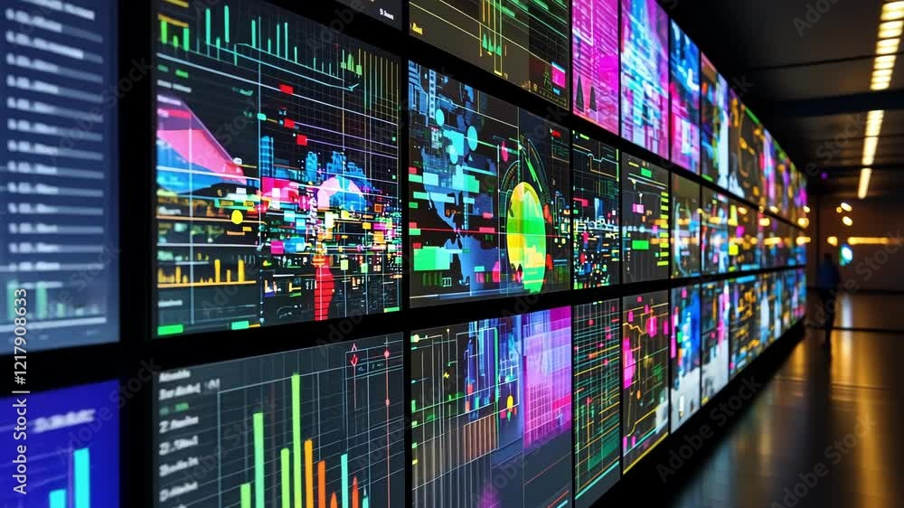 Poster multiple monitors displaying colorful infographics, charts, and world maps, representing big data vi