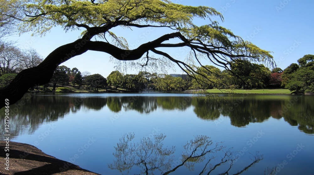 Poster tranquil lake reflecting trees in serene park setting generative ai