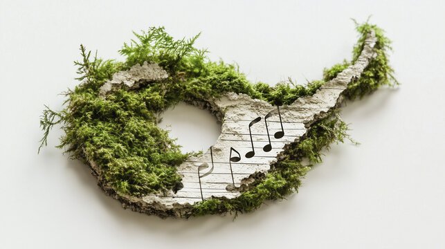 Mossy horn made of paper. Greenery, grass, note, creativity glare, light, nature, floor. A glare of light from the floor of a nature. Greenery and grass in nature with a note lifestyle of glare.
