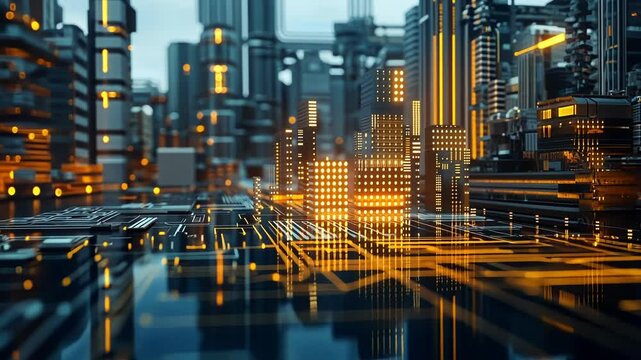 Futuristic smart city is built on a circuit board, with glowing buildings and pipes in the background, representing the concept of a technologically advanced urban environment