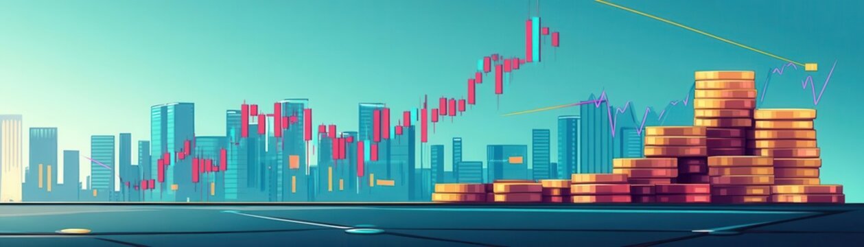 Trade exchange flat design side view stock market cartoon drawing colored pastel