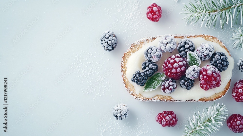 Poster a slice of bread with berries on top, positioned next to a pine branch with berries above